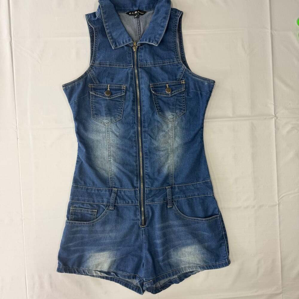 V.I.P. Jeans denim romper full-length front zipper med wash with fading size 5/6